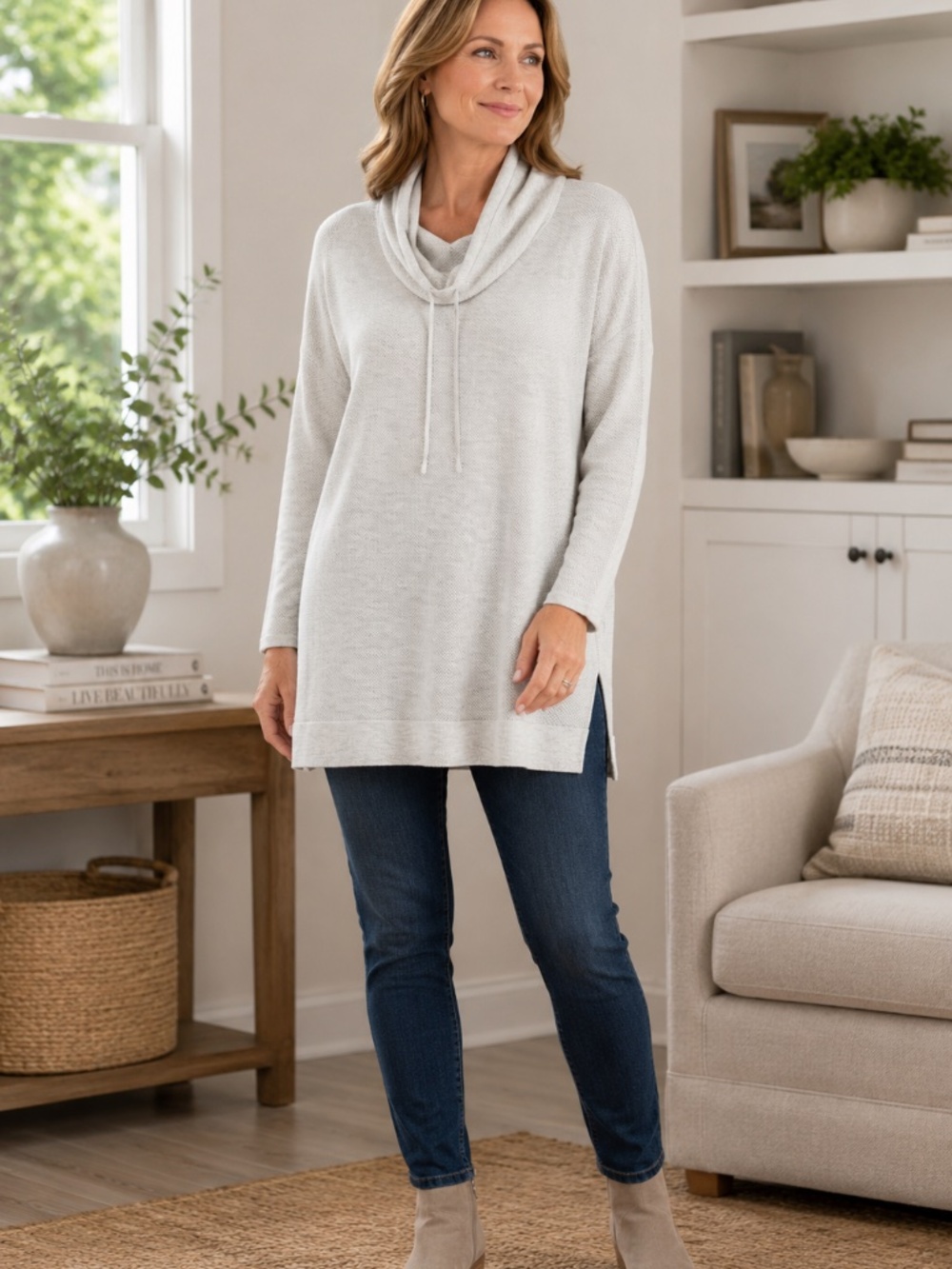 Pure Jill Ecru Waffle Knit Cowl Neck Drawstring Tunic Top Size 3X